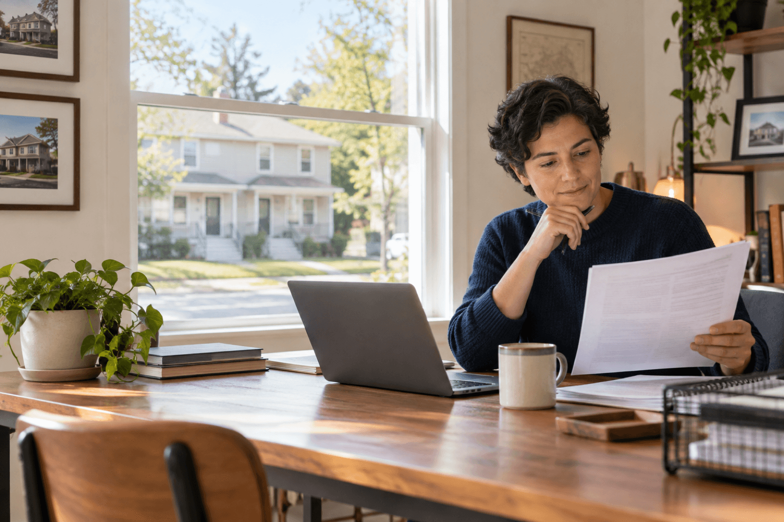 A rental property owner reviewing paperwork beside a laptop